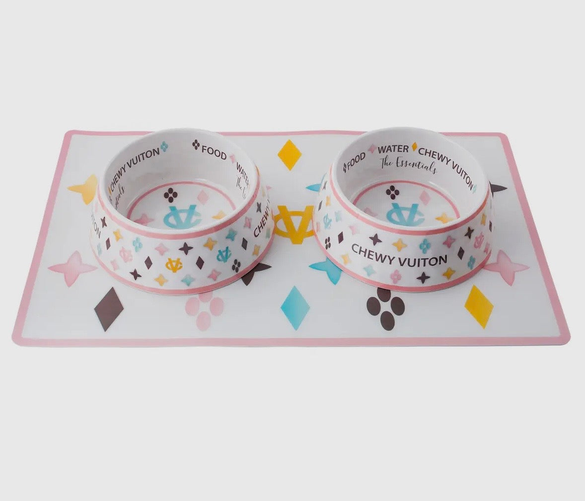 Chewy Vuitton Bowls and Mat set