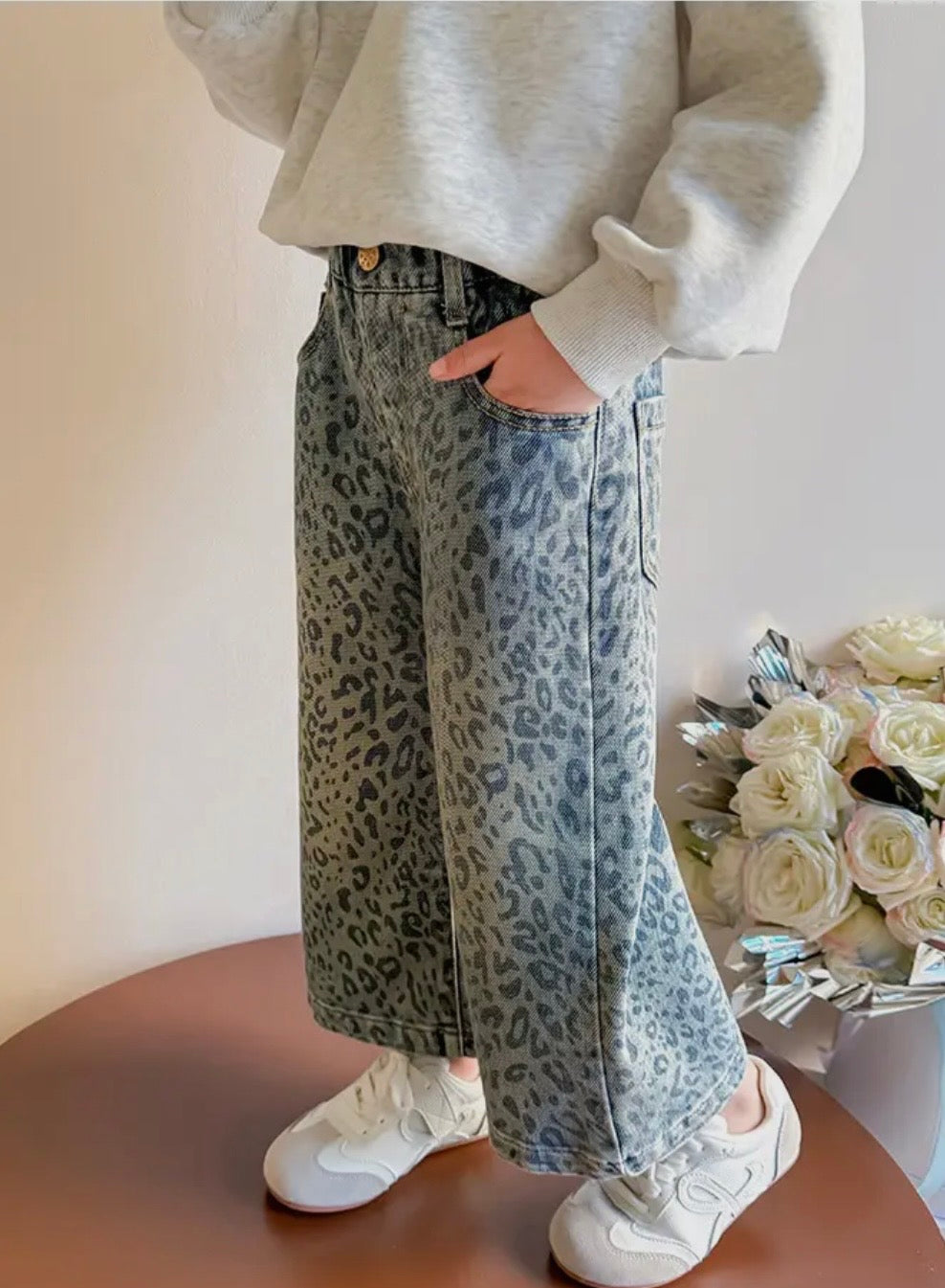 Wide Leg Blue Leopard Print Denim