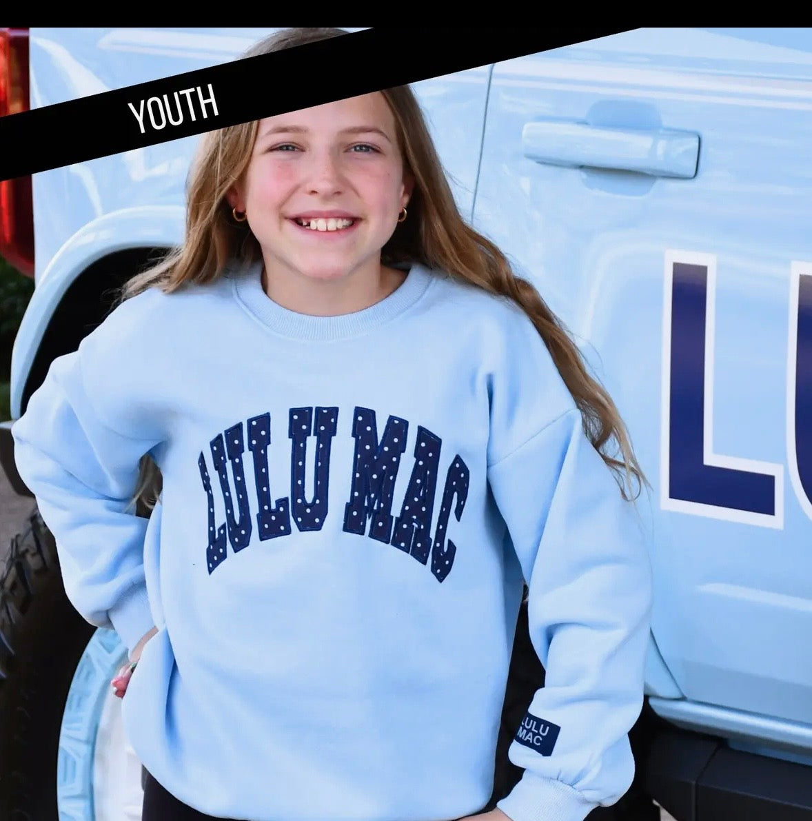Youth Lulu light blue w/ navy dot sweatshirt